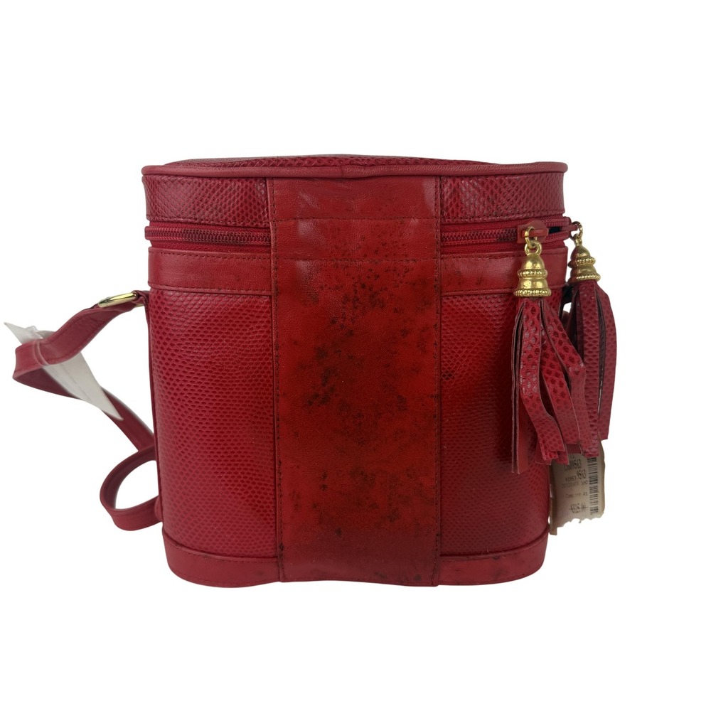 Stuart Weitzman Crossbody Bag Womens Red Leather Bucket Tassel Zip Top Lizard